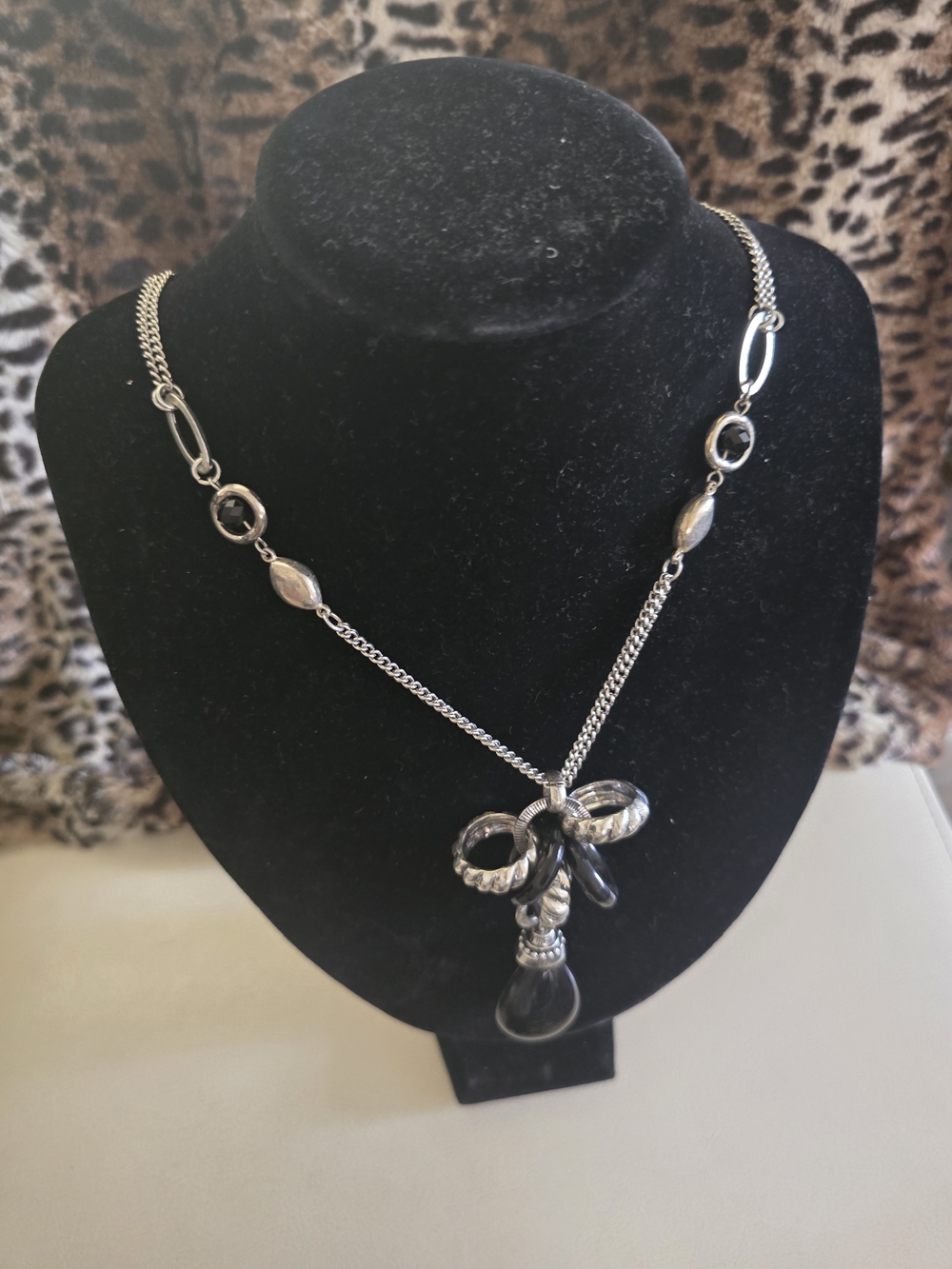 Silver-Tone Pendant Necklace with Black Teardrop Accent